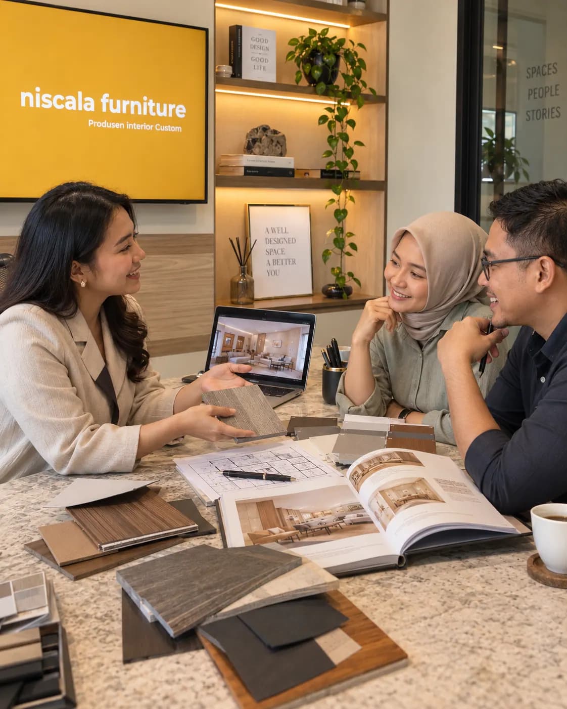 Konsultan Niscala menjelaskan sampel material HPL kepada pasangan klien di studio