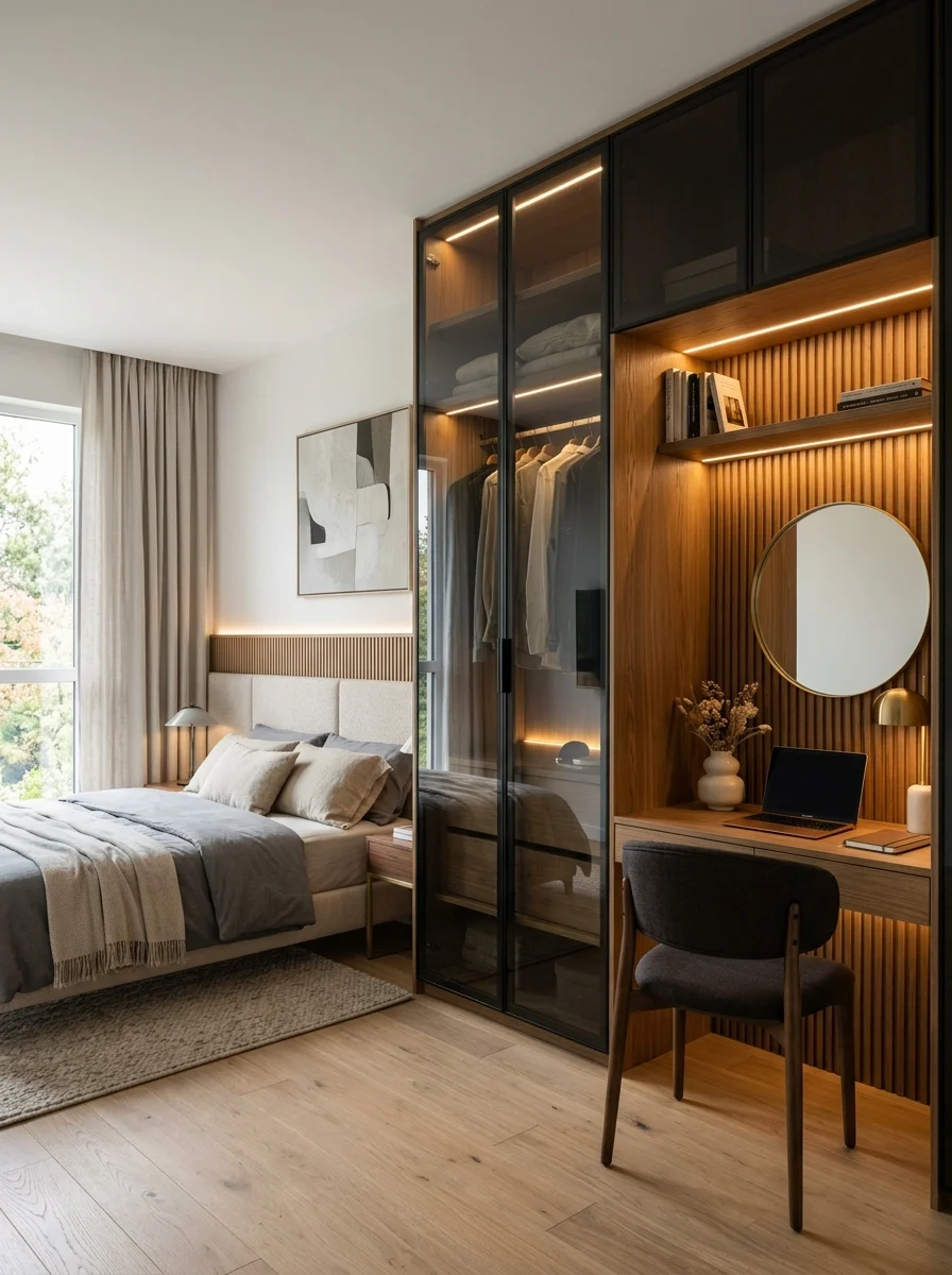 Walk in closet pintu kaca smoke glass dengan meja rias built in fluted panel
