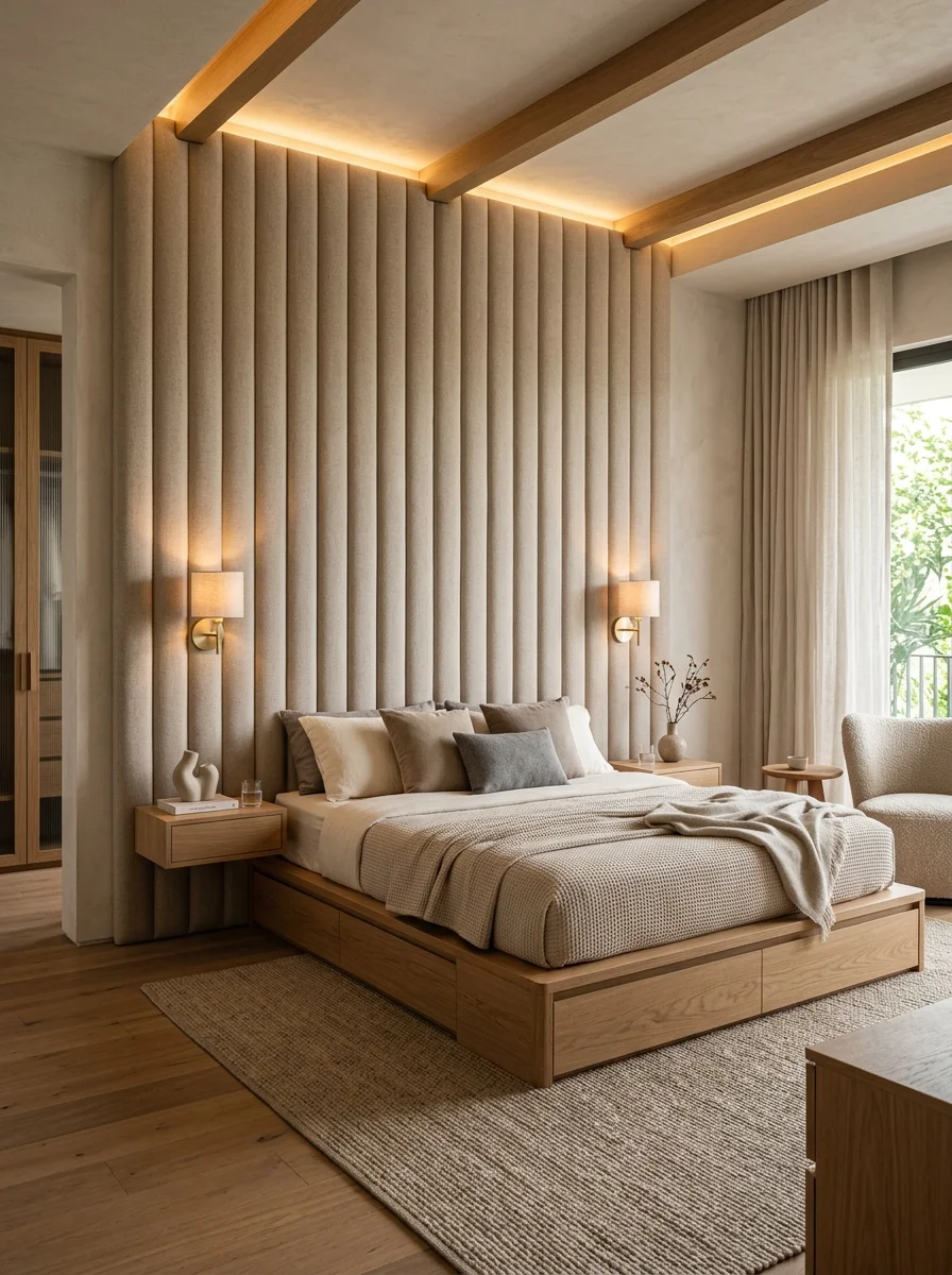 Kamar tidur utama ranjang kayu platform dengan headboard panel kain empuk