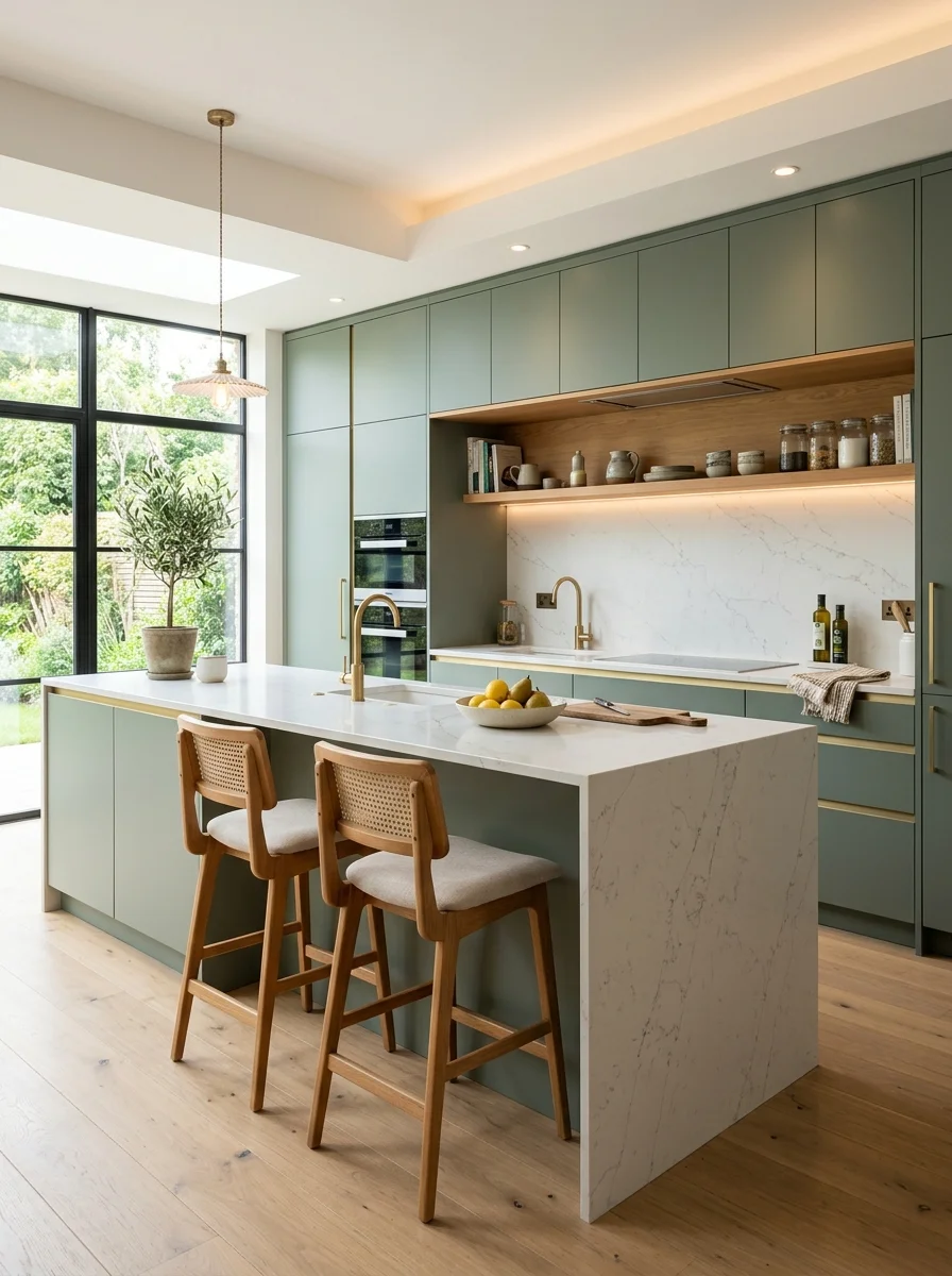 Kitchen set modern minimalis warna sage green dengan meja island quartz stone