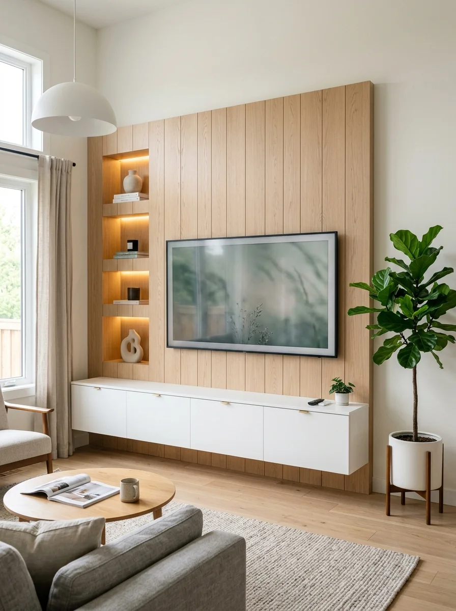 Backdrop TV minimalis kayu Japandi dengan rak display pajangan