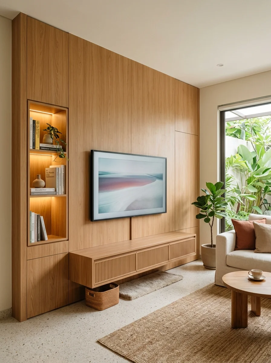 Backdrop TV kayu minimalis terintegrasi pintu rahasia