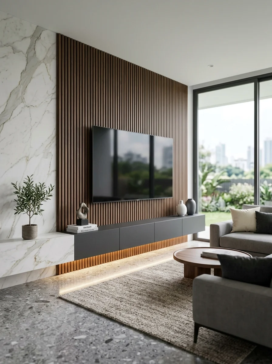 Backdrop TV modern kisi-kisi kayu fluted panel marmer dan credenza melayang