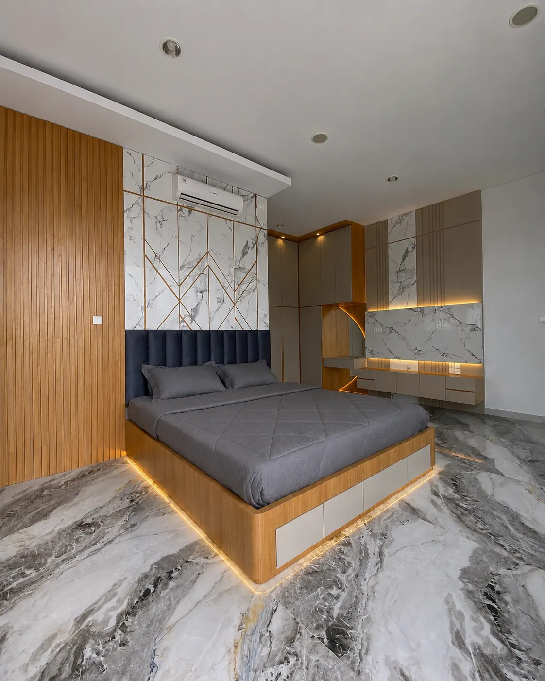 Headboard panel kayu dan nakas floating kamar tidur