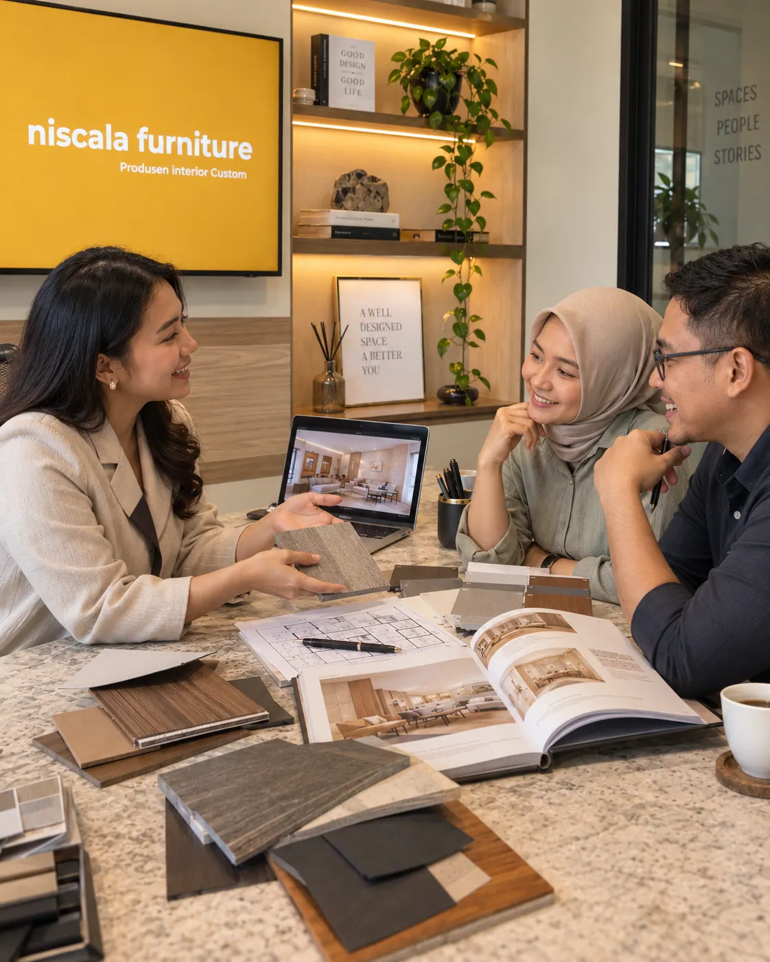 Konsultan Niscala menjelaskan sampel material HPL kepada pasangan klien di studio