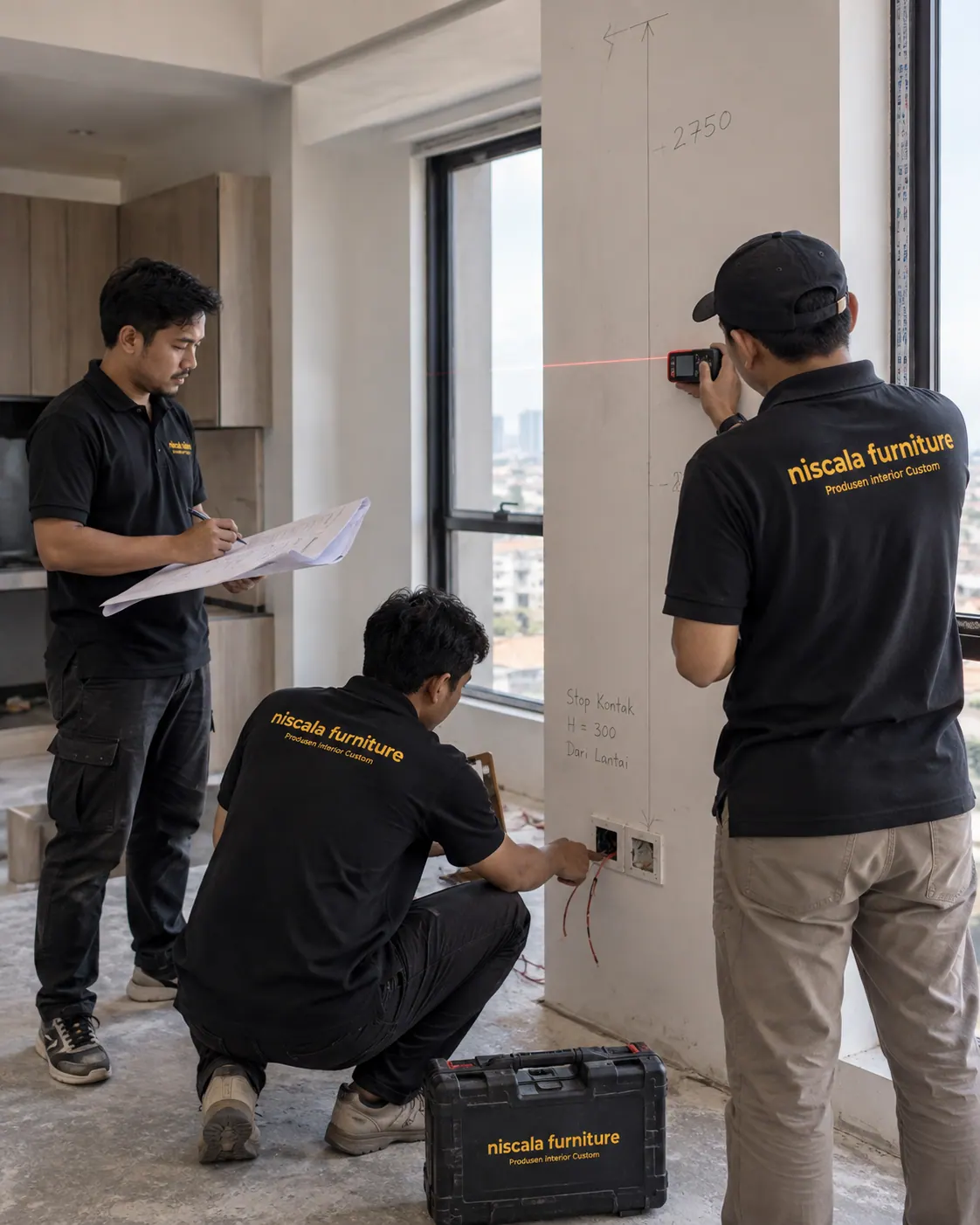Tim Niscala Furniture melakukan survey lokasi dan menandai titik stopkontak sebelum instalasi